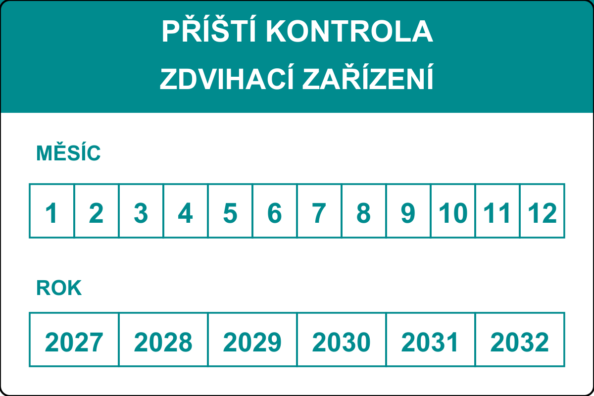 Revizní štítek – Zdvihací zařízení – kalendář 2027–2032