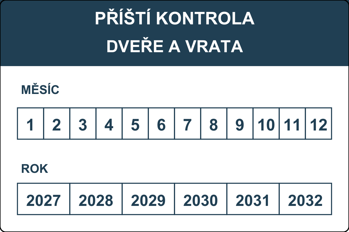 Revizní štítek – Dveře a vrata – kalendář 2027–2032