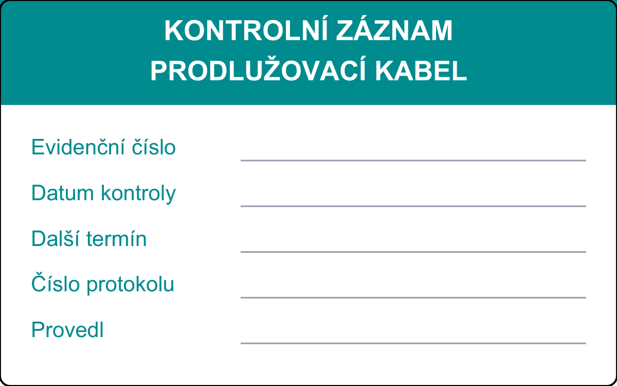 Revizní štítek – Prodlužovací kabel – evidenční karta