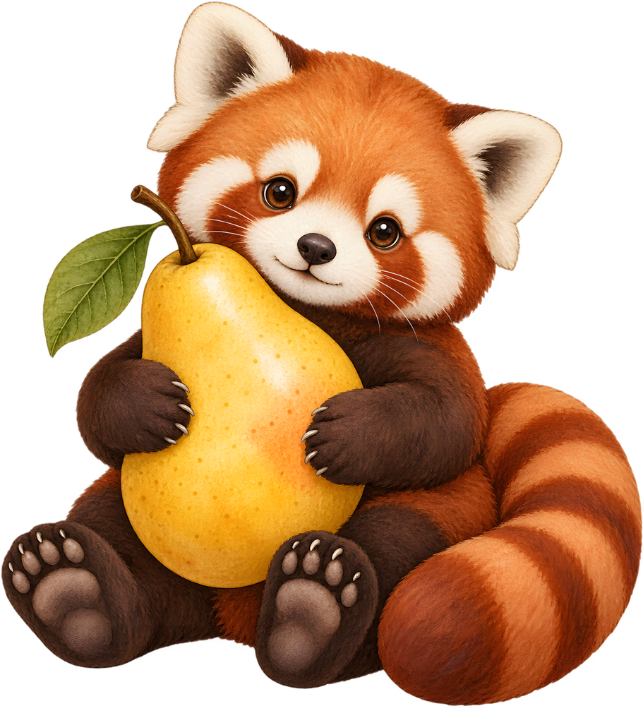 Panda červená držící hrušku