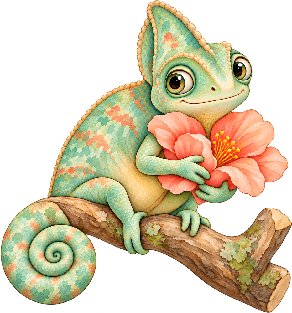 Zelený chameleon na větvi s korálovou květinou