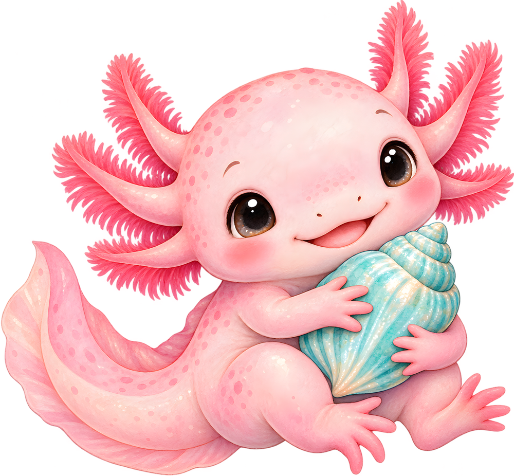 Axolotl s mušlí – jemně malovaný dětský motiv