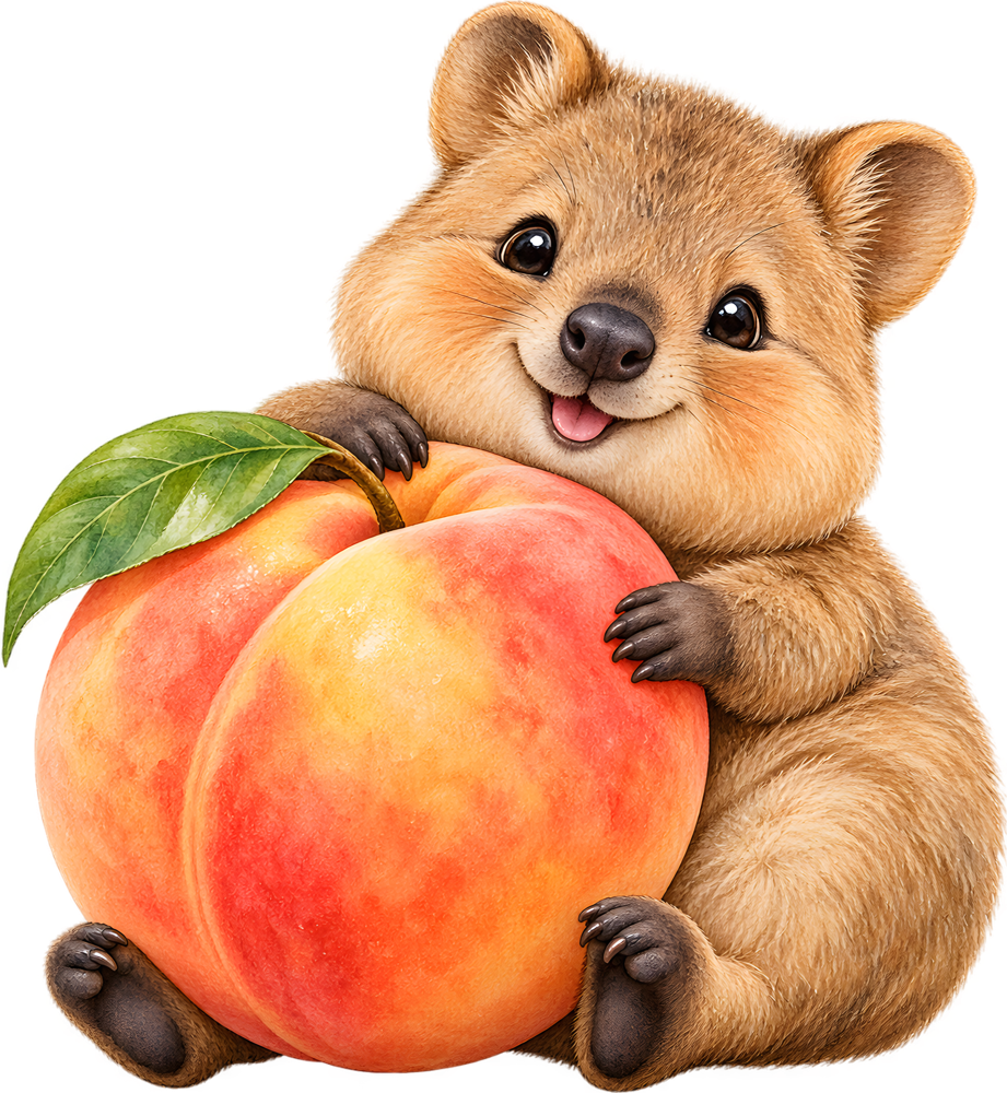 Quokka s broskví – jemně malovaný dětský motiv