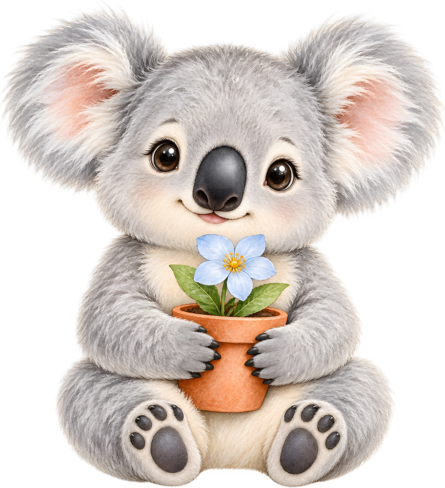 Koala s květináčem – jemně malovaný dětský motiv