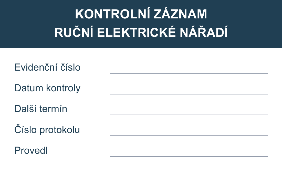 Revizní štítek – Ruční elektrické nářadí – evidenční karta