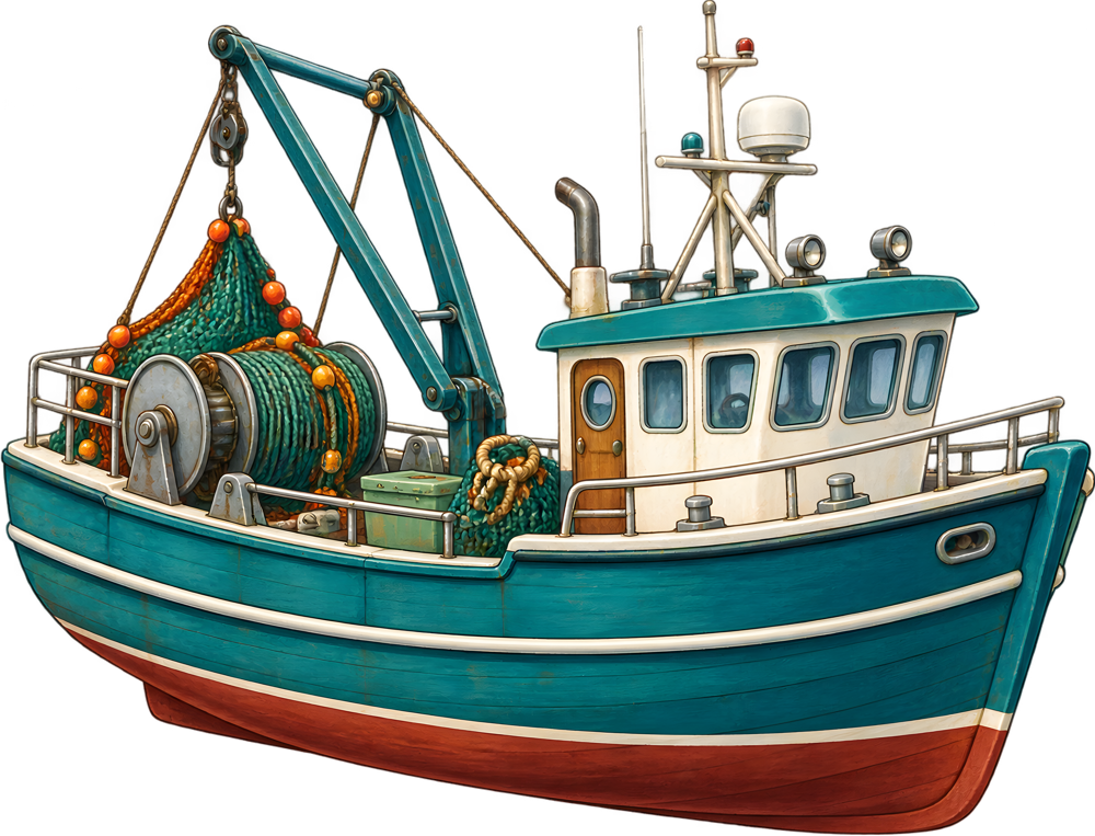Rybářský trawler – barevná dětská samolepka JPdesign