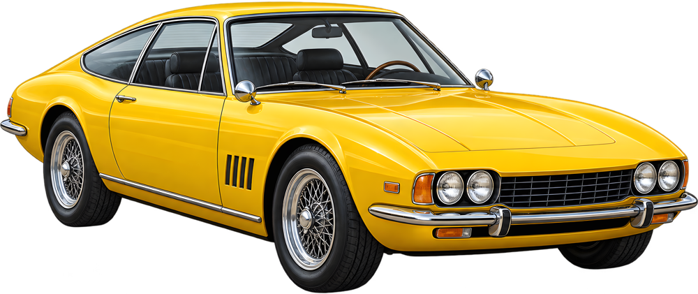 Žlutý velký grand tourer – barevná retro samolepka JPdesign