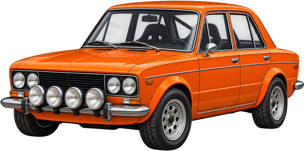 Oranžový rallyový sedan – barevná retro samolepka JPdesign