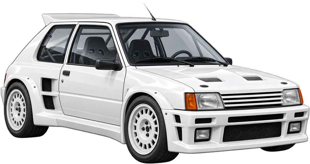 Bílý závodní hatchback – barevná retro samolepka JPdesign